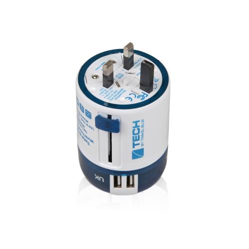 Адаптер с 2-умя USB-портами для зарядки Travel Blue Twist & Slide Adaptor голубой/белый; - купить подарки с логотипом в Воронеже