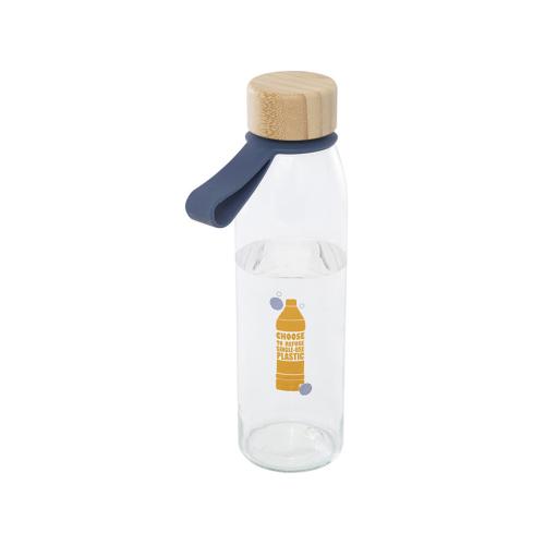Стеклянная бутылка для воды Porto объемом 500 мл с силиконовой ручкой и бамбуковой крышкой - Синий; - купить подарки с логотипом в Воронеже