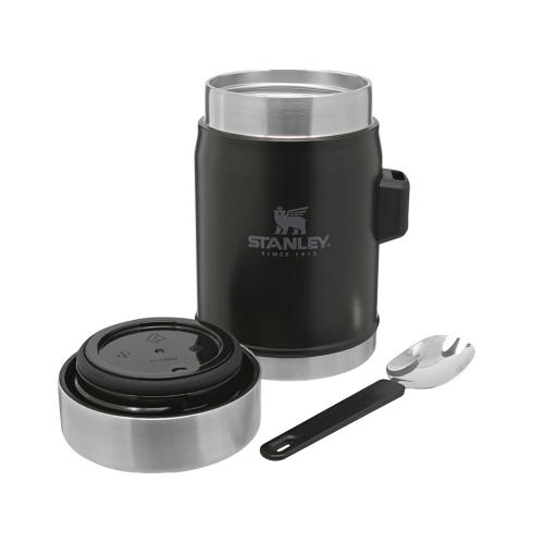 Банка для еды объемом 400 мл с ложкой-вилкой Stanley Legendary - черный матовый; - купить именные сувениры в Воронеже