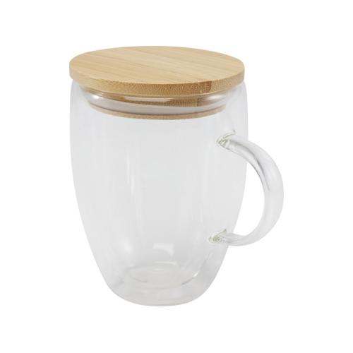 Стеклянная кружка Leona объемом 350 мл с бамбуковой крышкой - прозрачный; - купить необычные сувениры в Воронеже