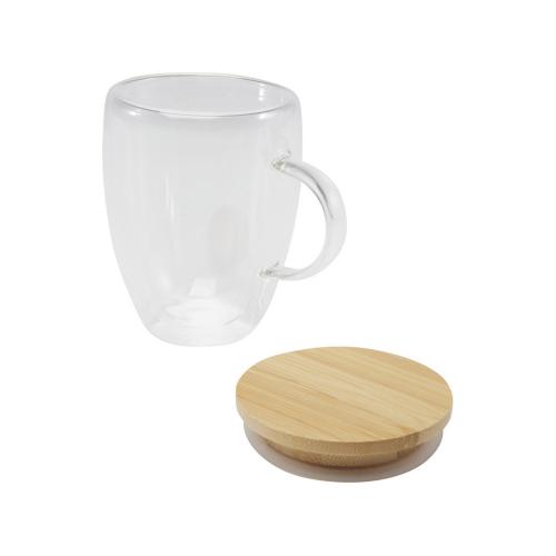 Стеклянная кружка Leona объемом 350 мл с бамбуковой крышкой - прозрачный; - купить именные сувениры в Воронеже