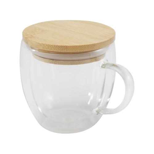 Стеклянная кружка Lenora емкостью 250 мл с бамбуковой крышкой - прозрачный; - купить необычные сувениры в Воронеже