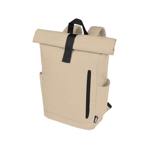 Рюкзак Байрон 15,6 объемом 18 л со скручиваемым верхом, изготовленный из переработанного ПЭТ по стандарту GRS, бежевый