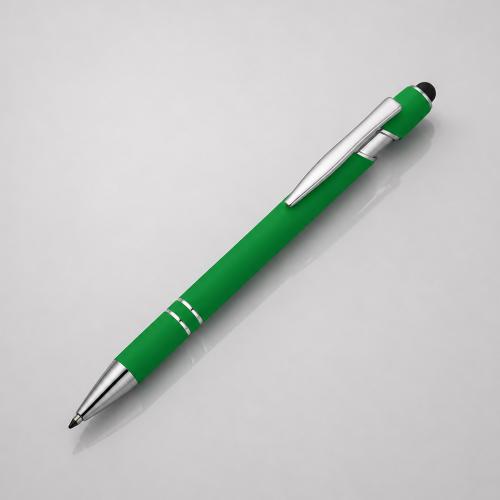 Ручка металлическая soft-touch шариковая со стилусом Sway, зеленый/серебристый