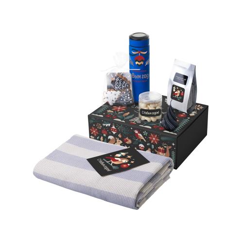 Подарочный набор c пледом, термосом, свечой и миндалем, синий