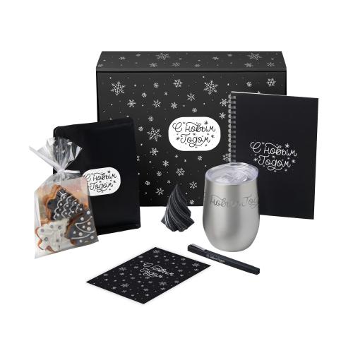 Подарочный набор c термокружкой, блокнотом, ручкой и свечкой, серебристый