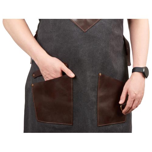 Фартук из канваса с ремнями из натуральной кожи, материал: канвас смесовый, плотность 450 гр/м, натуральная кожа КРС, цвет черный; - купить подарки с логотипом в Воронеже