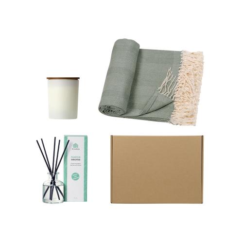 Подарочный набор с пледом, свечой и диффузором, оливковый