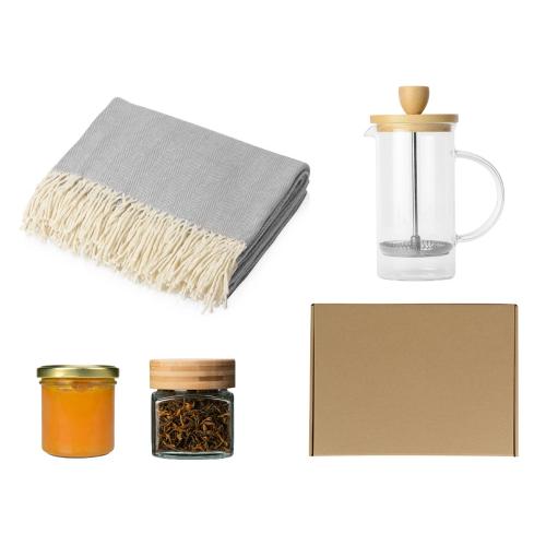 Подарочный набор с пледом, френчпрессом, чаем и вареньем, серый