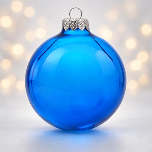Стеклянный елочный шар Christmas bauble, синий прозрачный, с серебристым колпачком в черной коробке