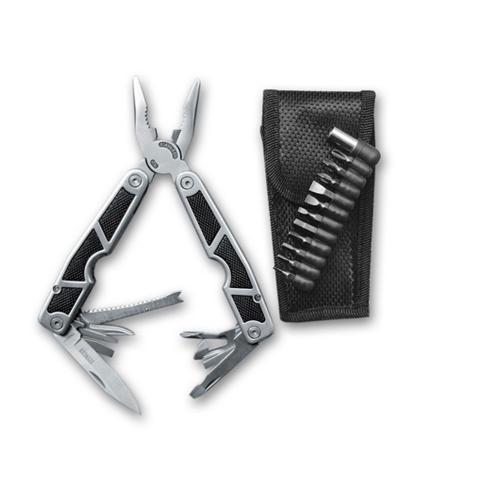 Мультитул Stinger, 115x45 мм, 10 функций, сталь/пластик, жёлто-чёрный, 12 насадок и нейлоновый чехол