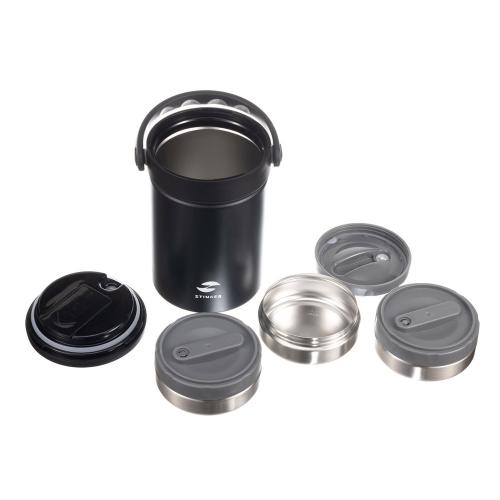 Термос ланч-бокс Stinger, 1,7 л, широкий, сталь, чёрный, три контейнера, 16,1 x 14,9 x 21; - купить подарки с логотипом в Воронеже