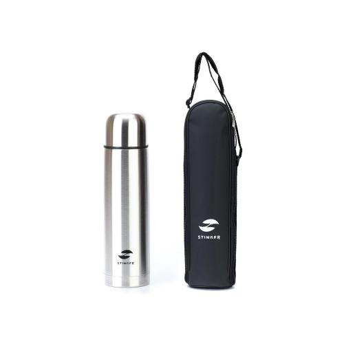 Термос Stinger с чехлом, 1 л, узкий, сталь/кожзаменитель, с чехлом, серебристый, 8,6 х 8,6 х 31; - купить необычные подарки в Воронеже