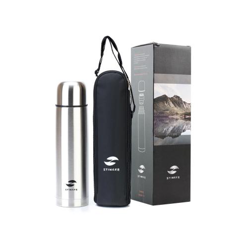 Термос Stinger с чехлом, 1 л, узкий, сталь/кожзаменитель, с чехлом, серебристый, 8,6 х 8,6 х 31; - купить подарки с логотипом в Воронеже