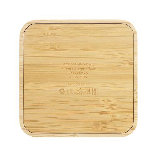 USB-хаб с беспроводной зарядкой из бамбука Plato; - купить подарки с логотипом в Воронеже