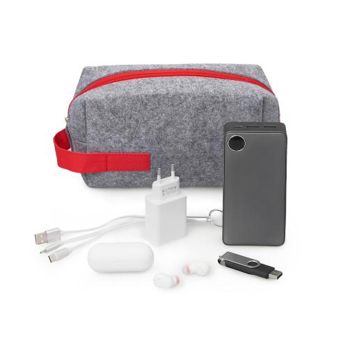 Органайзер для электроники и проводов Felt из RPET-фетра с ручкой, серый с красным