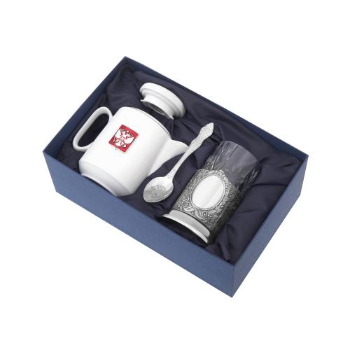 Чайный набор с подстаканником и фарфоровым чайником ЭГОИСТ-М, серебристый/белый