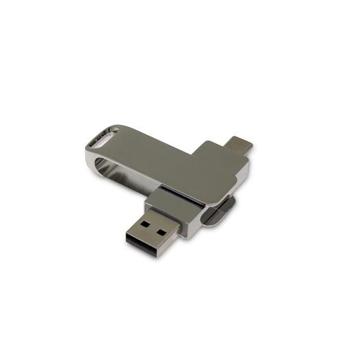 USB 3.0- флешка на 32 Гб поворотный механизм 2 в 1, c дополнительным разъемом Type-C с одноцветным металлическим клипом, серебристый