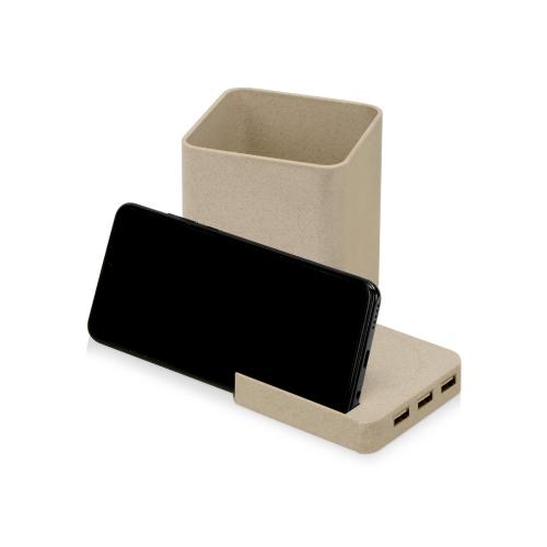 Настольный органайзер Cubic из пшеничного волокна с функцией беспроводной зарядки и выходами USB; - купить подарки с логотипом в Воронеже