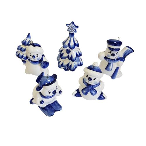 Набор елочных игрушек Снеговички кобальтовая роспись; - купить необычные подарки в Воронеже
